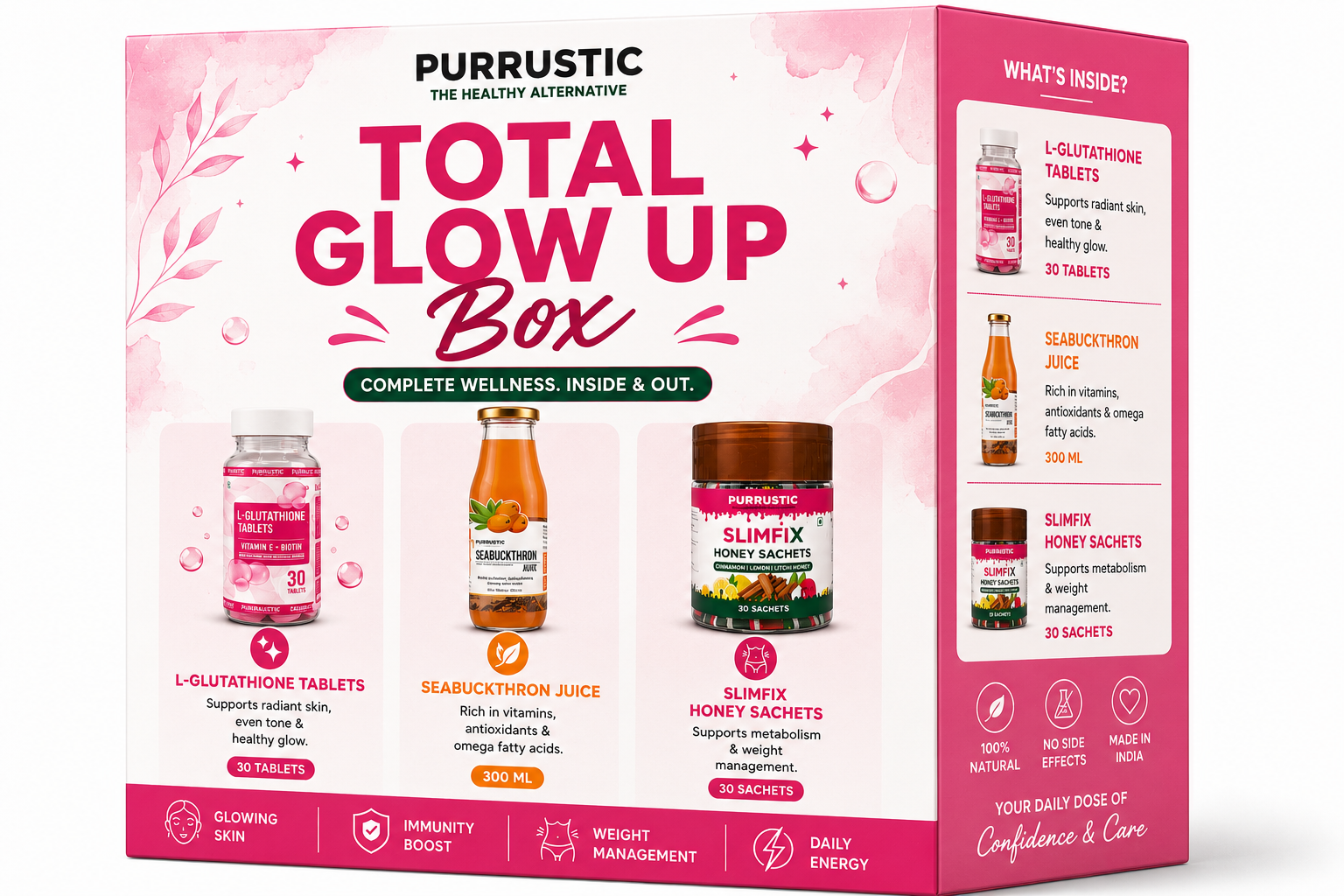 Total Glow Up Box | Glutathione Tablets, Sea Buckthorn Juice & Slimfix Honey Sachets